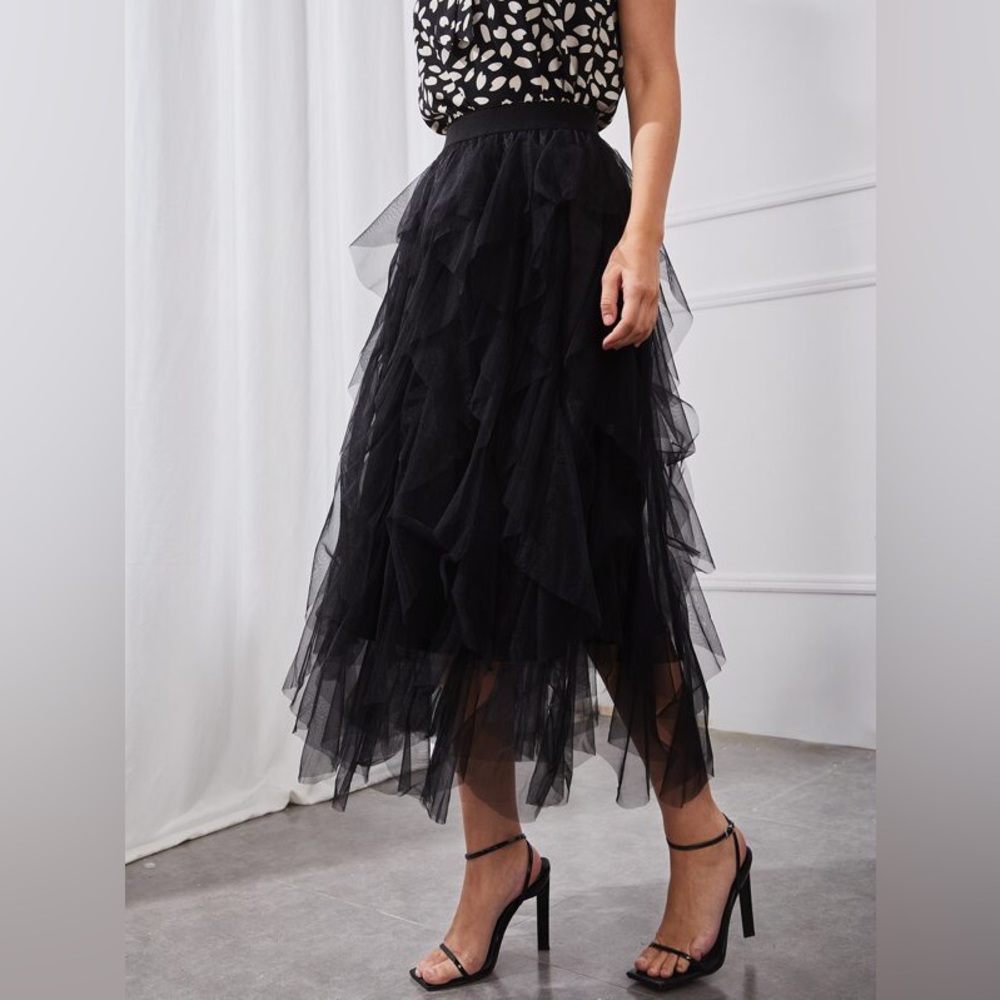 NEW - Draped Ruffle Trim Asymmetrical Hem Mesh Skirt